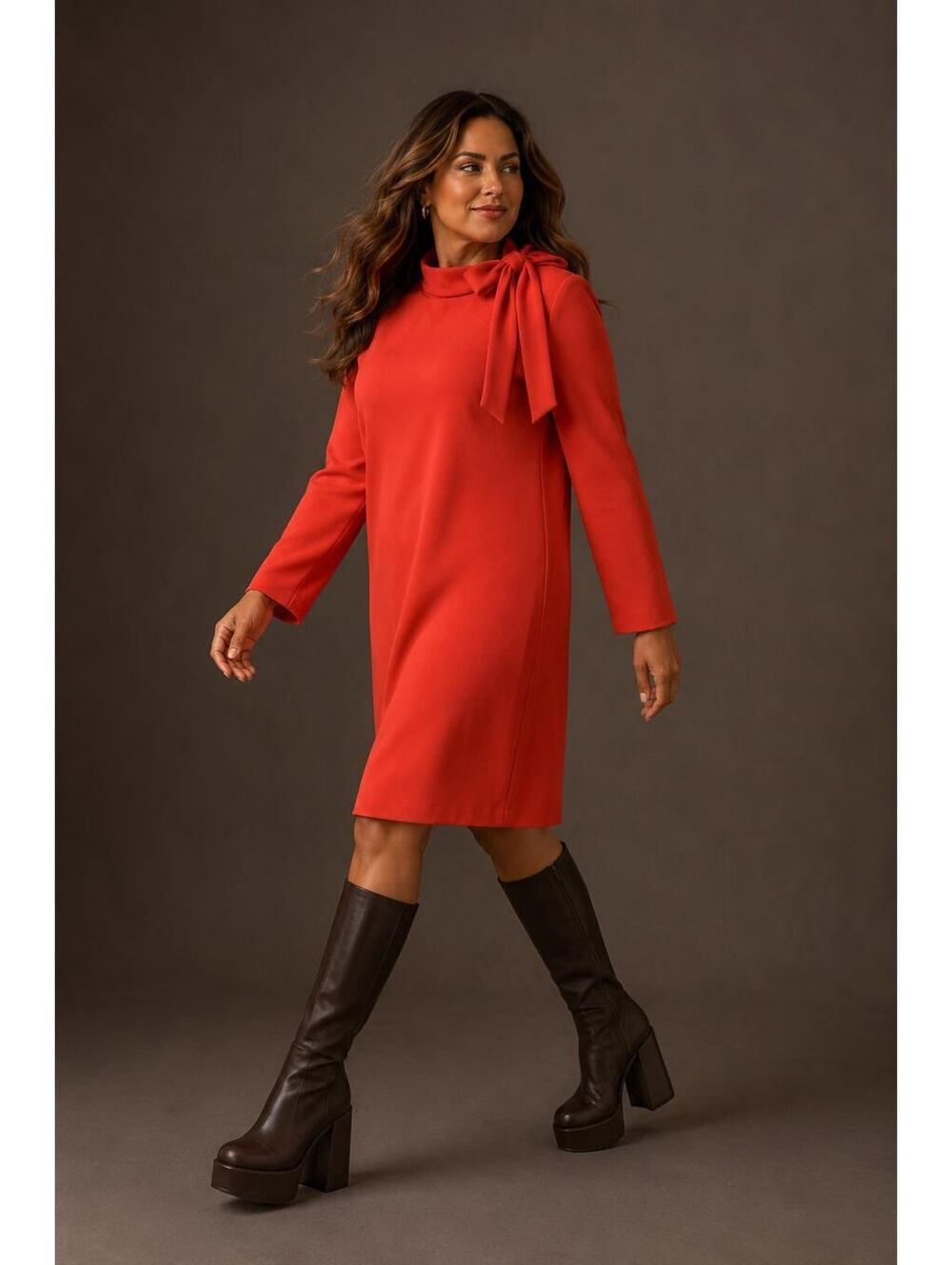 Calvin Klein Women's Coral Red Long Sleeve Shift Dress with Shoulder Bow, 18W